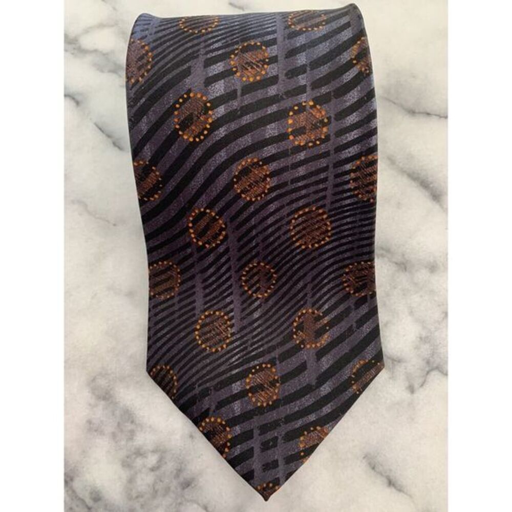 Hugo Boss Italian Silk Geometric Brocade Circles Striped Gray‎ Tie